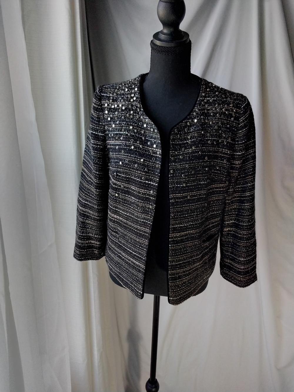 Pleione Black Tweed Open-Front Jacket with Silver Accents